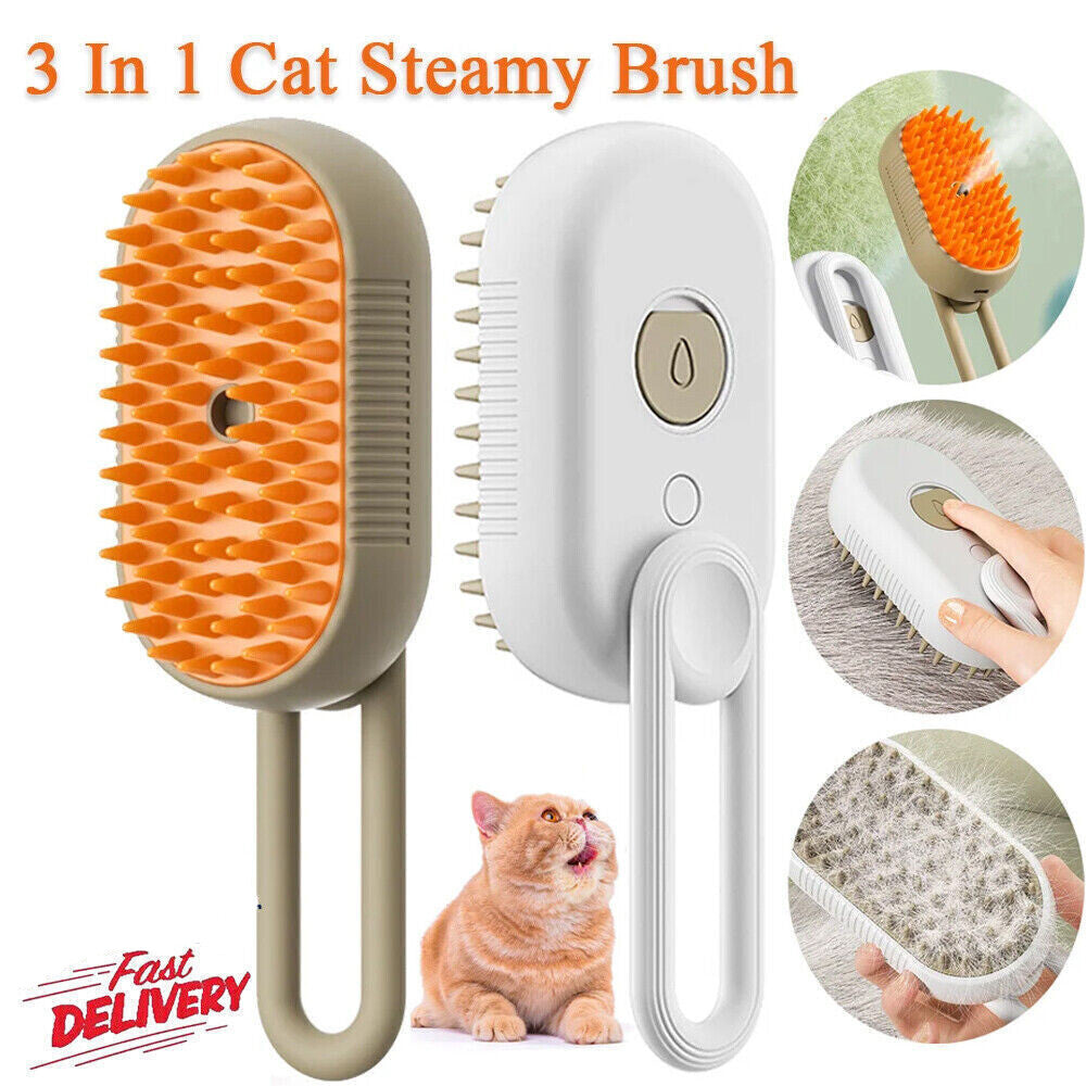 Cat Steam Brush Steamy Dog Brush 3 in 1 Electric Spray Massage Pet Grooming UK